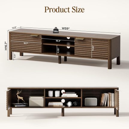 ikalife mid century modern tv stand – স্টাইলিশ উডেন টিভি ইউনিট (up to 65 inch tv, storage cabinet & adjustable shelves)