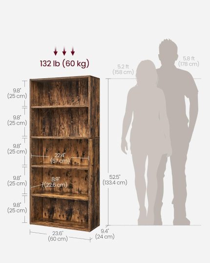 vasagle bookshelf – 5 tier adjustable wooden bookcase (modern storage rack for home & office)