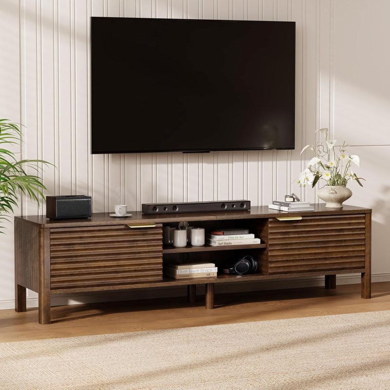 ikalife mid century modern tv stand – স্টাইলিশ উডেন টিভি ইউনিট (up to 65 inch tv, storage cabinet & adjustable shelves)