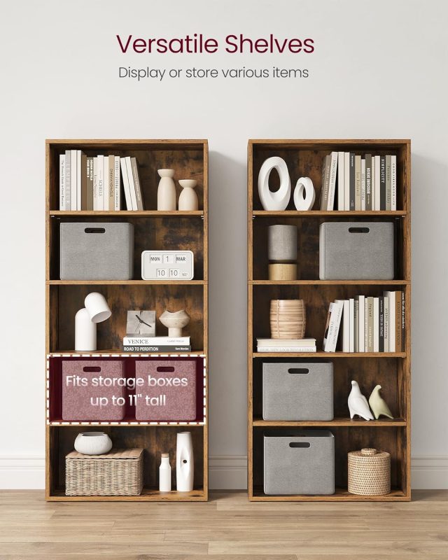 vasagle bookshelf – 5 tier adjustable wooden bookcase (modern storage rack for home & office)